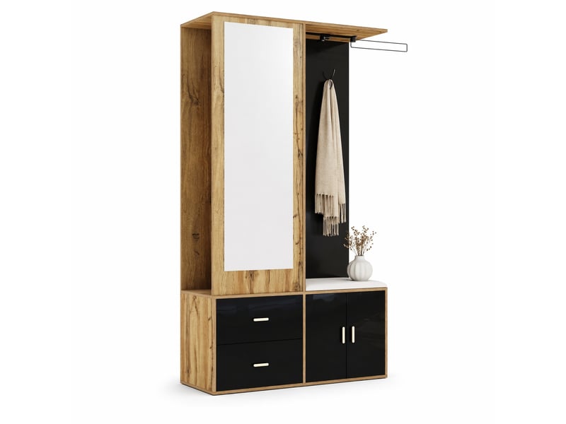 Vestiaire 100x38x180 cm 2 tiroirs, meuble de l'entrée, portemanteau, 2 portes, avec miroir, panneau mdf, naturel+noir