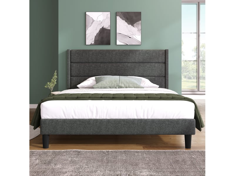  Modenvie lit double rembourré 140x200 cm - tête de lit capitonnée, matelas inclus - gris  - Conforama E