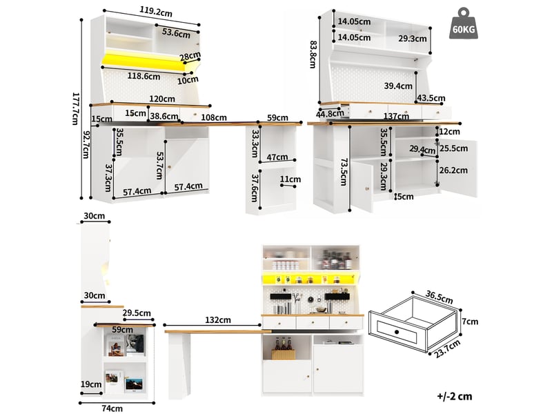 Buffet de cuisine 4 portes 3 tiroirs - 137 cm blanc led mdf buffet de cuisine blanc - Conforama C