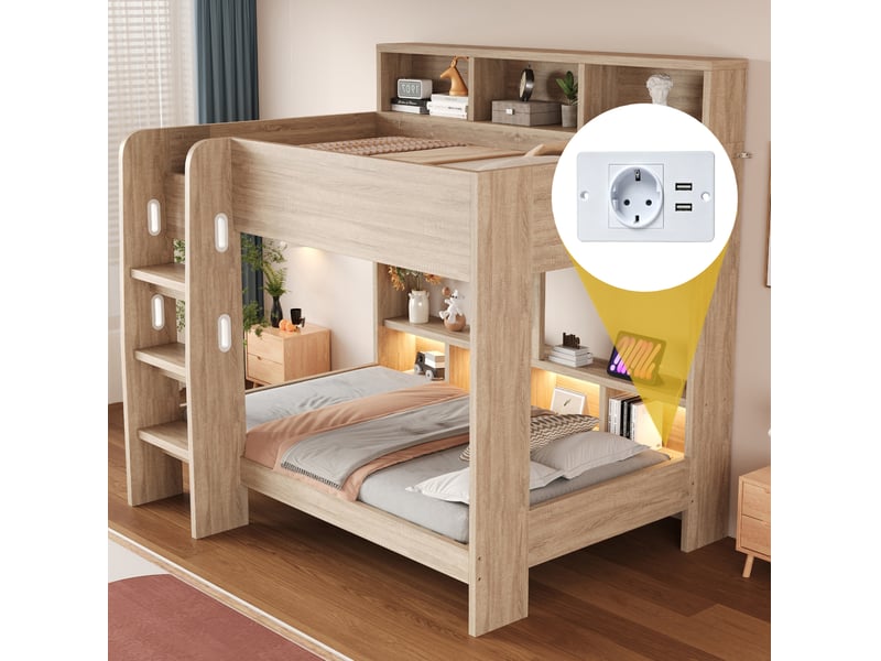  Lit superposé 90x200 cm avec rangements, éclairage et prises, mdf, couleur bois naturel, sans matelas  - Conforama D