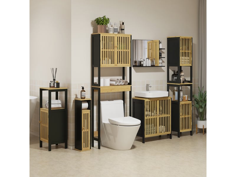  Meuble au-dessus des toilettes en bambou et mdf, 2 portes à lattes, 60 x 21,5 x 172 cm  - Conforama C