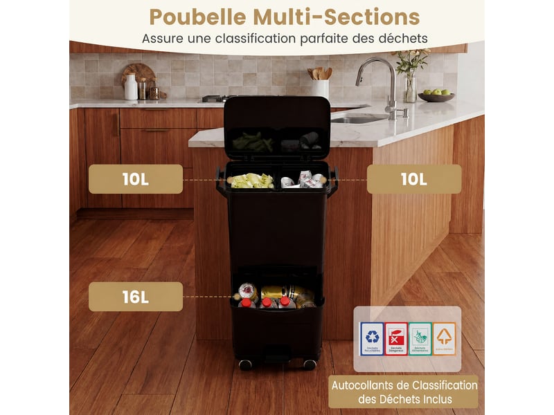  Poubelle de cuisine à 3 compartiments, système de tri des déchets 36l avec 4  - Conforama D
