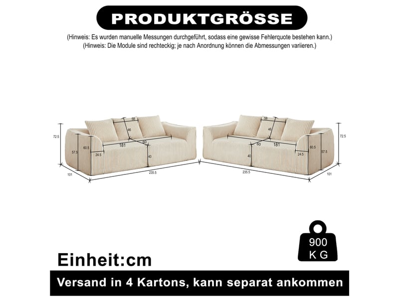  Canapé modulaire 6 places en velours côtelé beige, lignes arrondies et six coussins pour un salon chic  - Conforama C