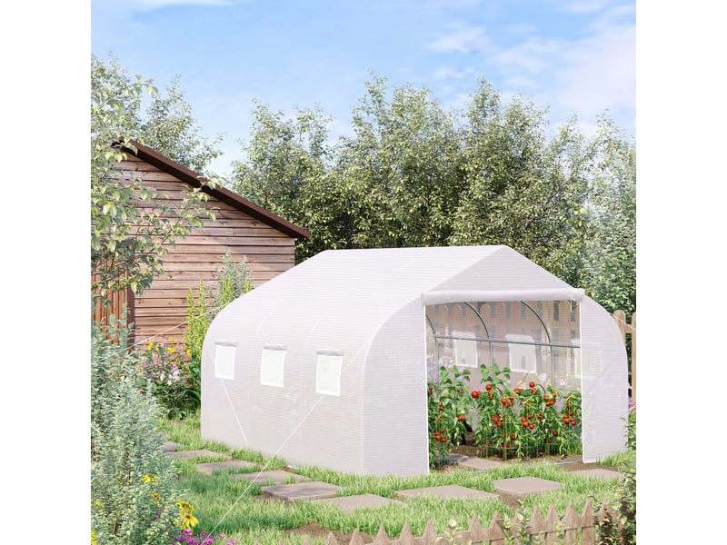  Serre tunnel de jardin 13,35 m² dim. 4,5l x 3l x 2h m porte + 6 fenêtres enroulables acier galvanisé bâche pe haute densité blanc  - Conforama C