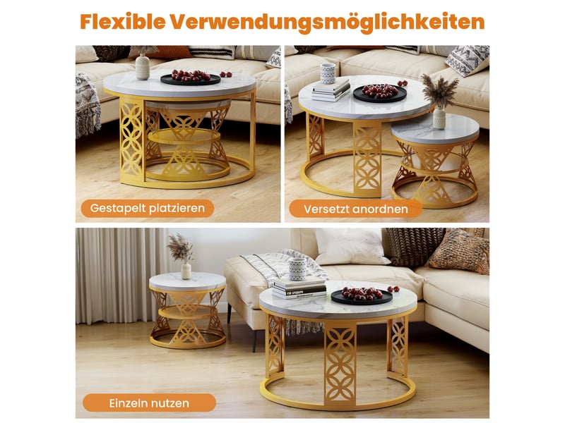  Table basse ulevr gigogne 2 pièces, plateau effet marbre blanc brillant, structure métal dorée, pieds réglables  - Conforama D