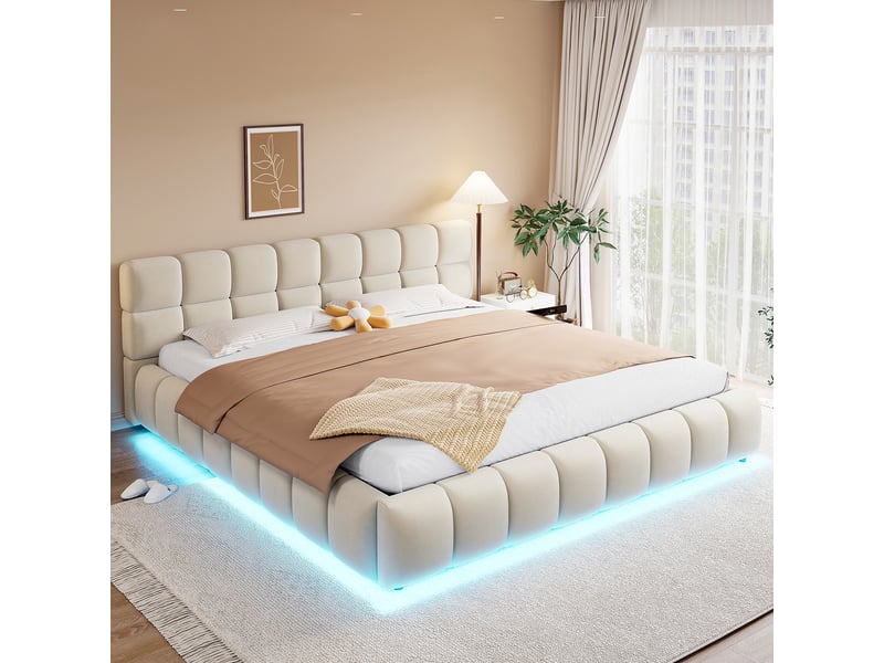 Lit coffre rembourré 180x200 cm, led multicolore par app, coffre hydraulique, tête de lit épaisse, sommier à lattes, velours - beige - Conforama B