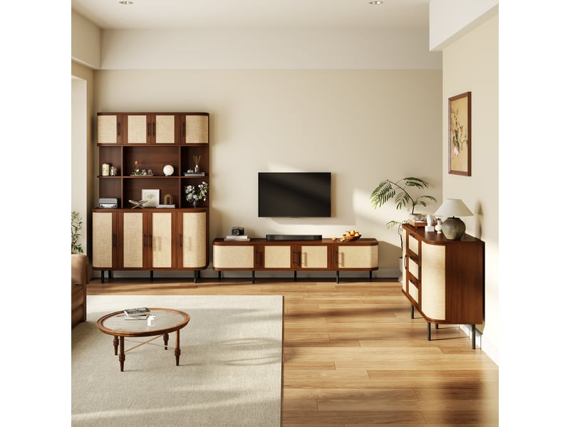  Meuble tv avec buffet et colonne de rangement, façades effet cannage, poignées noires, pour salon, mdf noyer  - Conforama C