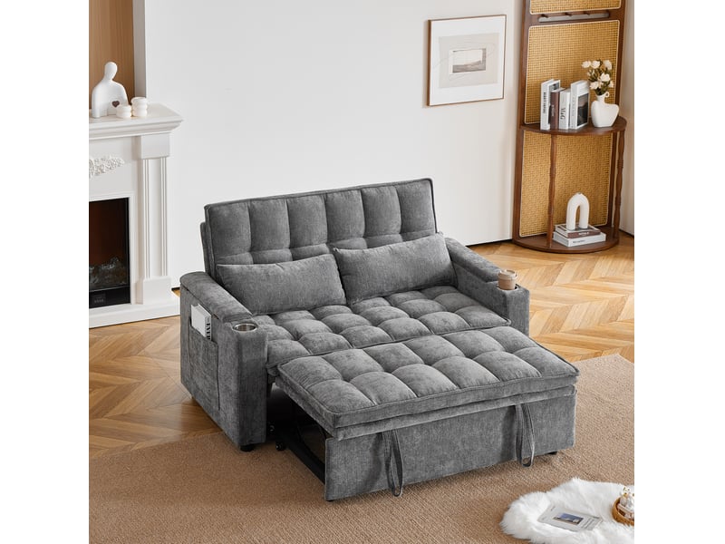  Canapé-lit 3-en-1 142x89x89 cm en chenille avec rangements et porte-gobelets gris chicfurn  - Conforama B