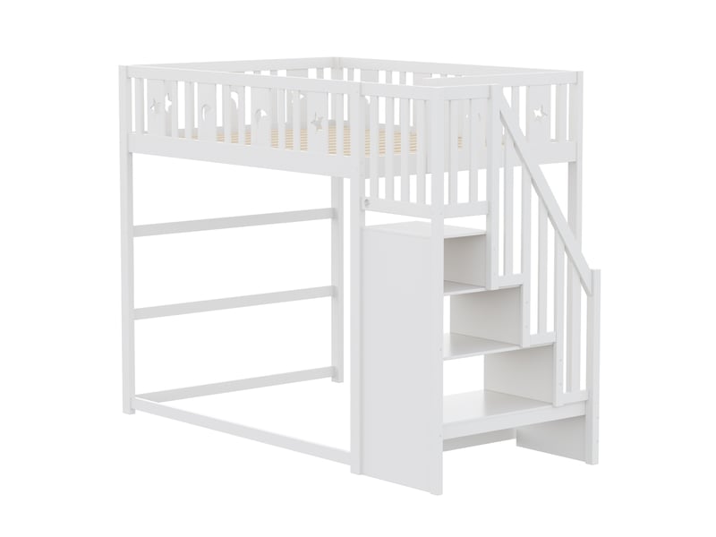 Lit mezzanine enfant 140x200 cm – blanc – escalier-rangement, espace détente, motifs étoile et lune, sans matelas - Conforama E