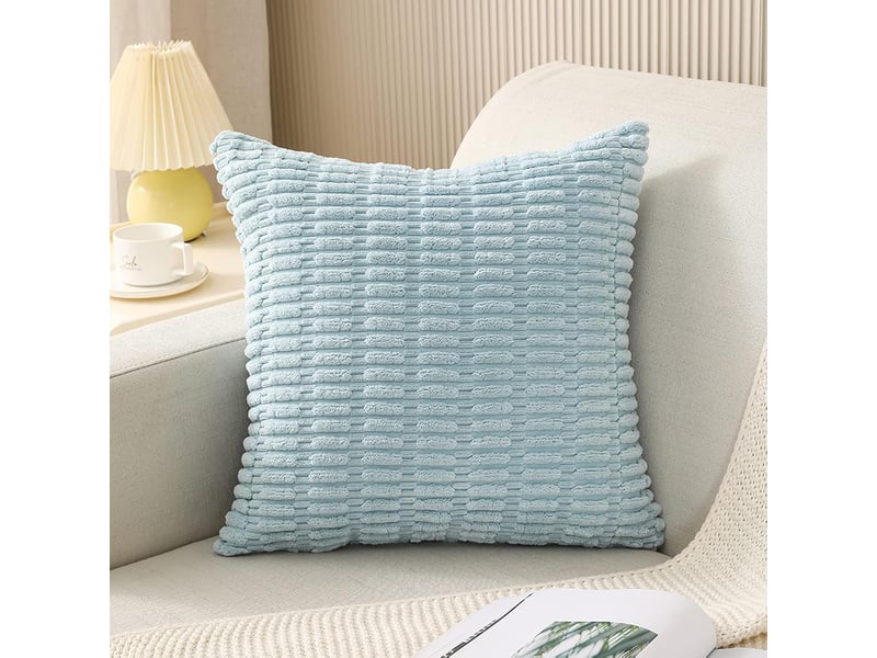  Lot de 2 housse de coussin - 45 x 45 cm lot de 2 housses de coussin décoratives douces et unies en velours côtelé à rayures pour canapé et salon bleu clair  - Conforama B