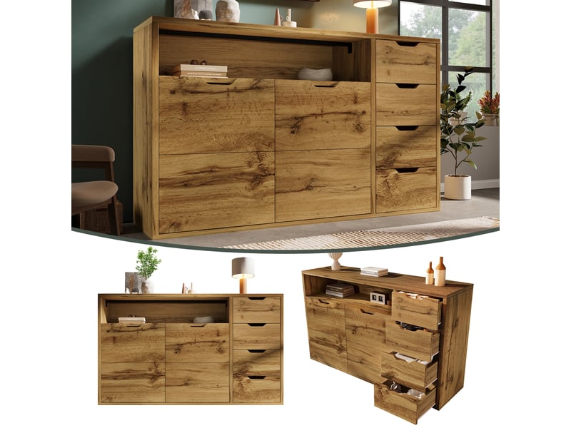  Buffet aspect chêne 150 cm, commode avec 4 tiroirs et 2 portes (sans matelas).  - Conforama C