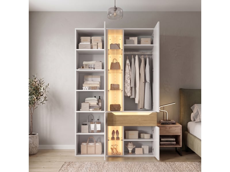  Armoire penderie 122x50x200 cm avec vitrine led en verre, tringle, tiroir, 6 compartiments fermés et 6 niches ouvertes - blanc  - Conforama C