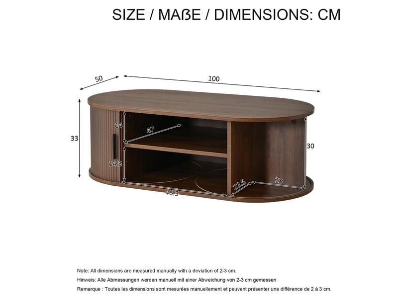  Table basse ovale 100x50x33 cm avec portes à rideau, finition noyer  - Conforama E