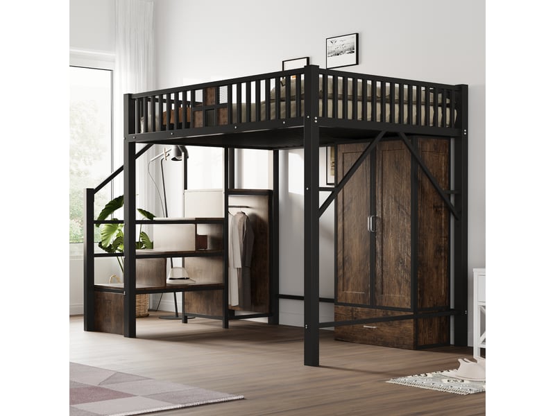  Lit mezzanine 140x200 cm coloris noir métal lit enfant noir - Conforama E