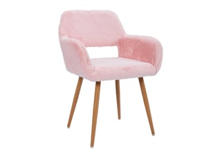 Chaise salle à manger avec accoudoirs et dossier ajouré  - pieds bois, fausse fourrure rose, 59 × 46 × 79 cm
