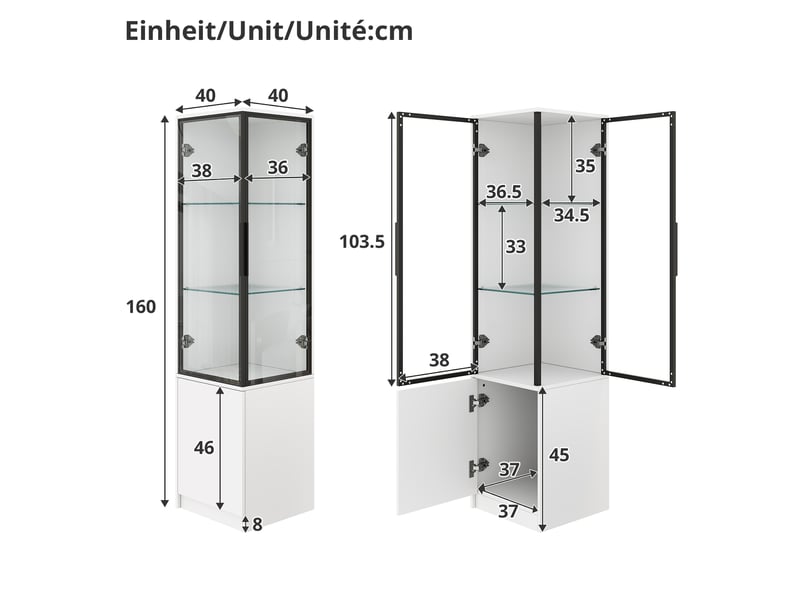  Vitrine d'angle 40 x 40 x 160 cm, armoire vitrée avec led pilotée par appli, portes en verre trempé , panneaux de particules, blanc ABC - Conforama C