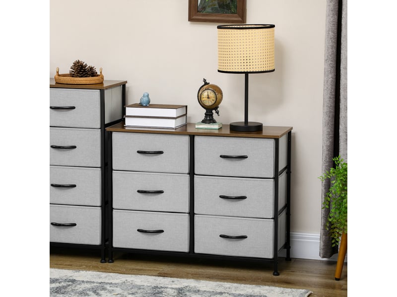  Commode à 6 tiroirs en tissu, pliable, structure en acier et pieds réglables, 80 x 30 x 62,5 cm, gris et marron  - Conforama D