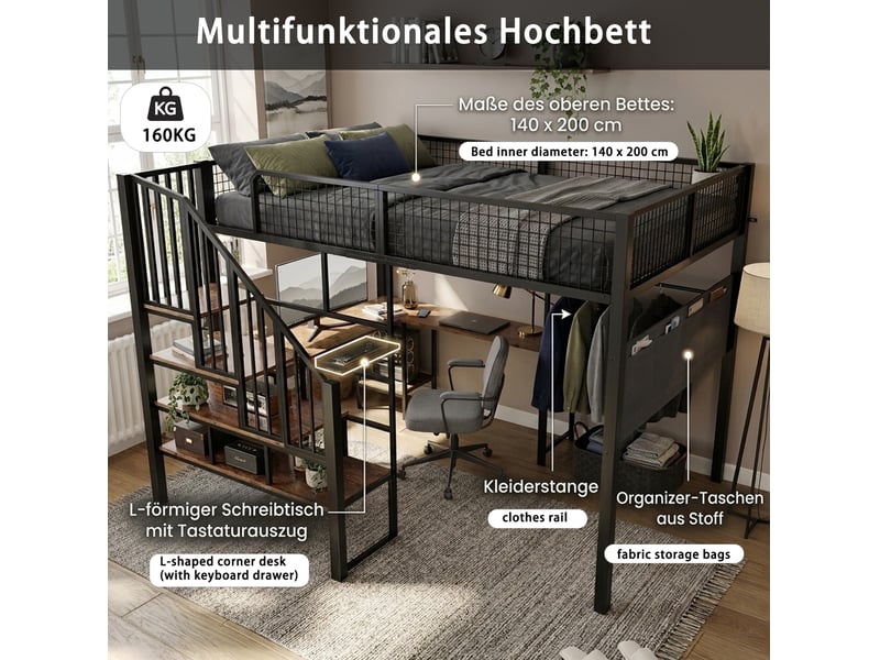  Lit mezzanine 140x200 cm avec bureau d’angle, escalier et chargeur noir  - Conforama D