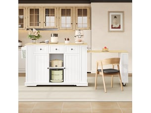 Desserte de cuisine mobile en mdf blanc et naturel, avec table escamotable, rangements et prises usb