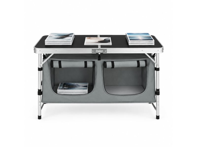  Table de camping pliante ulevr avec sac de rangement suspendu, hauteur réglable 62 ou 69,5 cm, 120 x 47 cm, noir et gris  - Conforama A