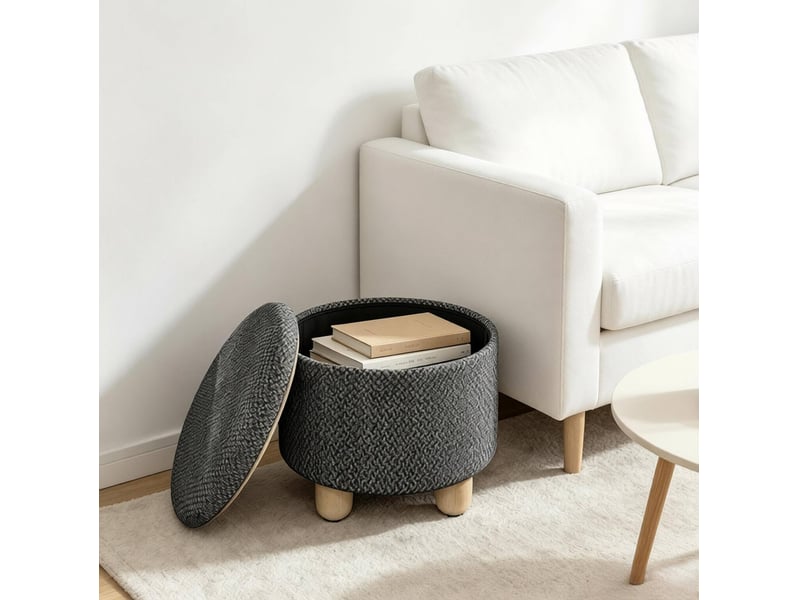 Banc de rangement rond avec espace de rangement et plateau amovible, en tissu gris foncé - Conforama C