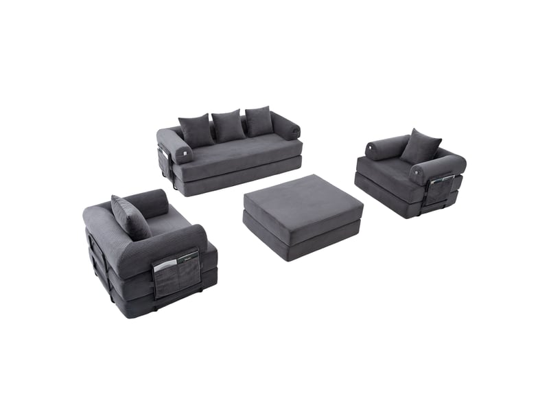  Canapé modulable 4 places en velours côtelé gris foncé avec pouf, poche latérale et design convertible  - Conforama A