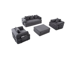 Canapé modulable 4 places en velours côtelé gris foncé avec pouf, poche latérale et design convertible