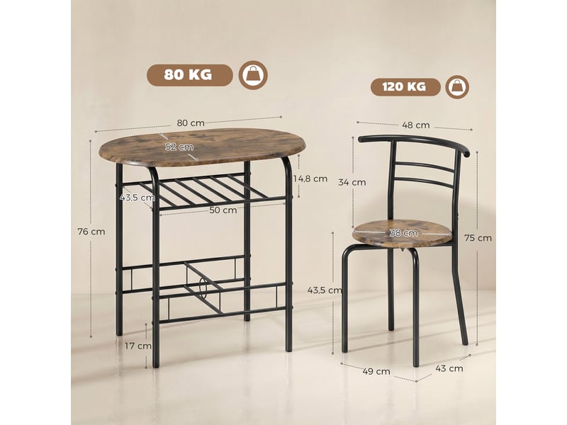  Ensemble de salle à manger 3 pièces, table et chaises pour 2 personnes avec étagère, style rustique bois brun, pour salon  - Conforama E