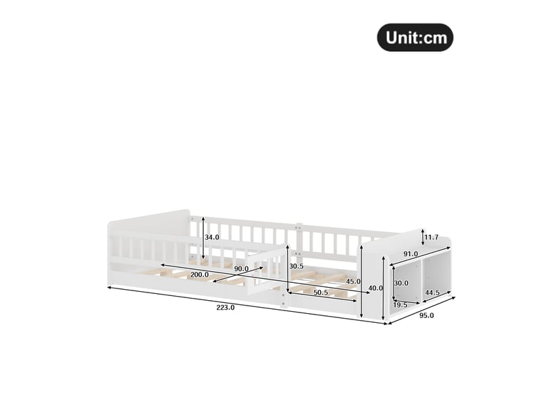  Lit enfant 90x200 cm blanc avec rangements ouverts et barrière ouvrante  - Conforama C