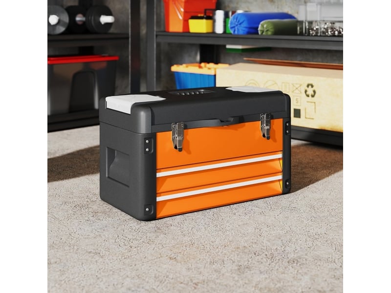  Boîte à outils vide 49,7x25,3x28,9 cm avec deux tiroirs, métal, orange  - Conforama B