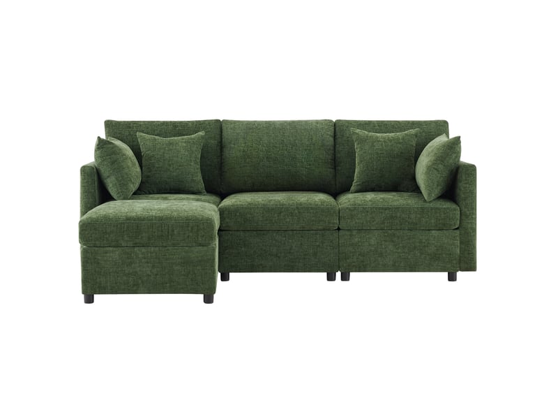  Canapé d'angle ulevr modulable 3-4 places avec pouf mobile, tissu chenille vert, 216 x 161 x 81 cm, 4 coussins  - Conforama A