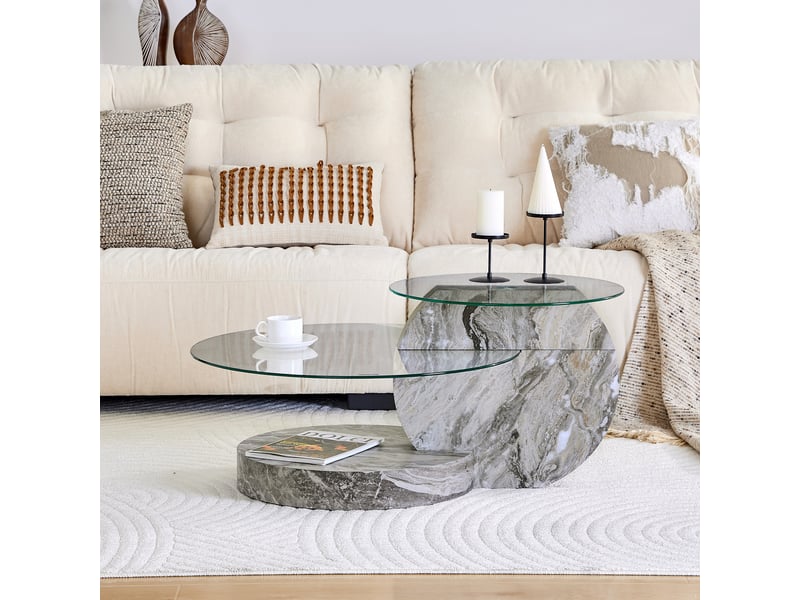 Table basse - 90x51x44cm - en verre trempé &amp; mdf - table de salon multiniveau effet marbre - gris veiné  - Conforama D