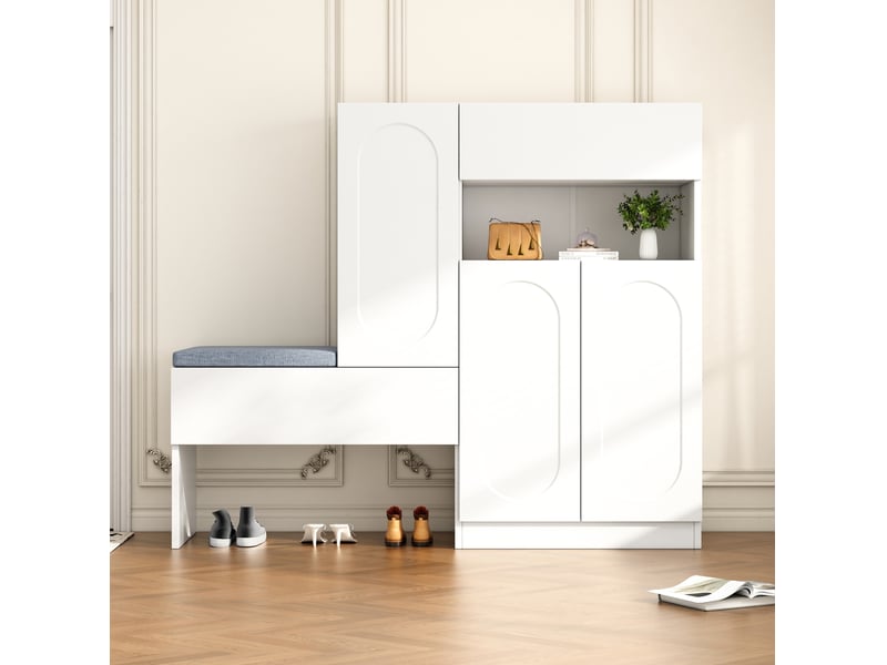  Meuble à chaussures ulevr 2 en 1 avec banc, rangements et portes à fermeture douce, 130 x 35 x 110 cm, panneaux de particules blancs  - Conforama E