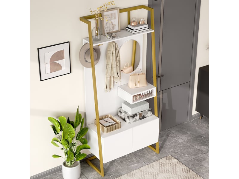  Meuble d'entrée en panneaux avec miroir, crochets, 2 portes et rangement chaussures, blanc, 78 × 38,5 × 180,5 cm  - Conforama C