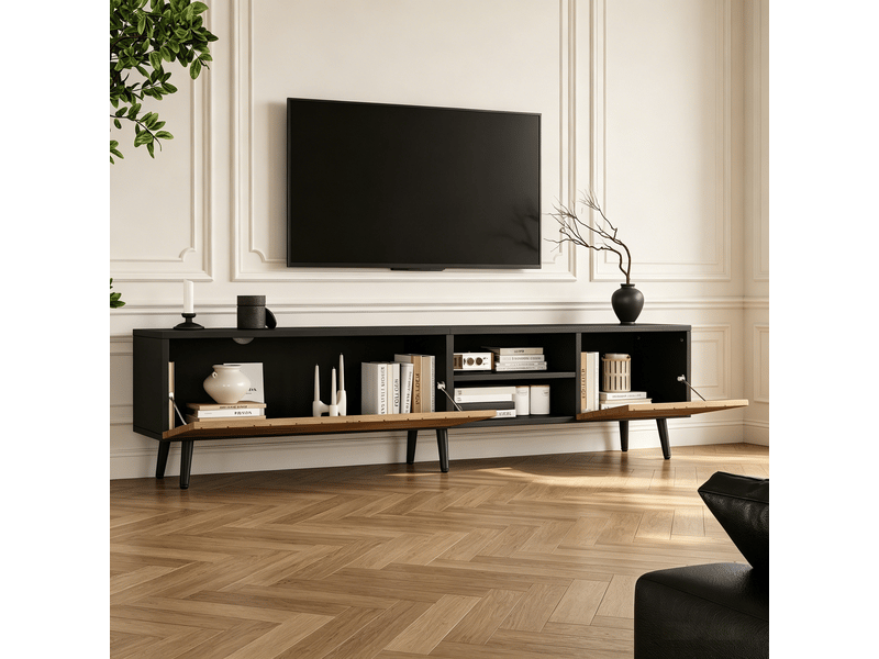  Meuble tv bas 180x33,5x45 cm avec 3 portes silencieuses et passe-câbles, tv lowboard moderne pour salon, naturel evarich - Conforama D
