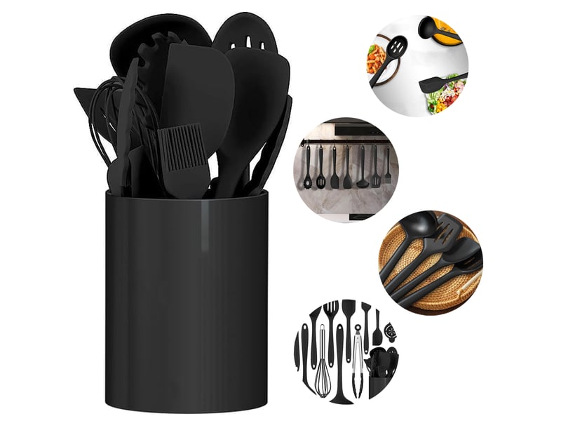  Set de 12 ustensiles de cuisine en silicone noir avec support chicfurn  - Conforama R