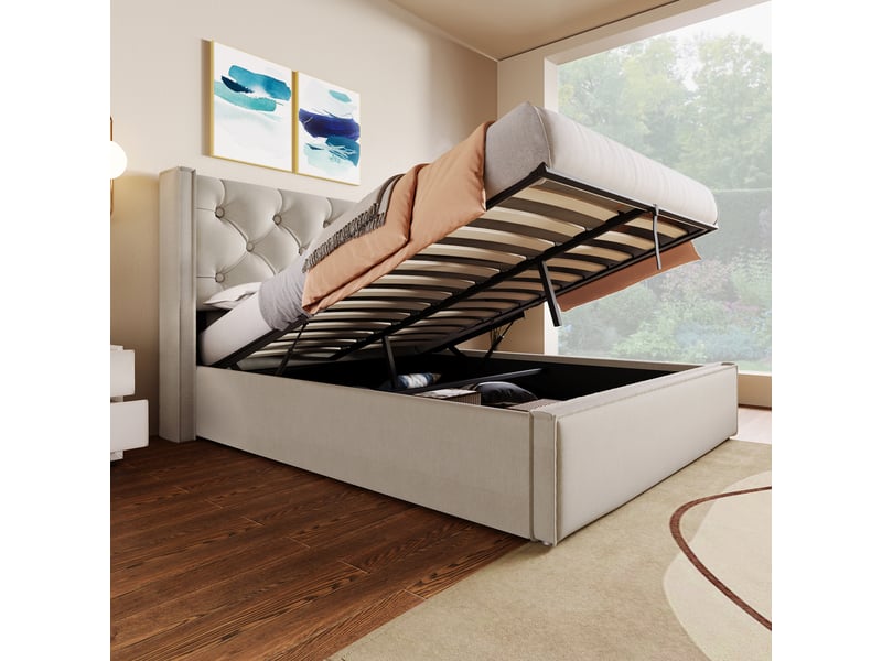  Lit coffre rembourré 160 x 200 cm en tissu coton gris clair, sommier à lattes, tête de lit capitonnée AB30564123H - Conforama E