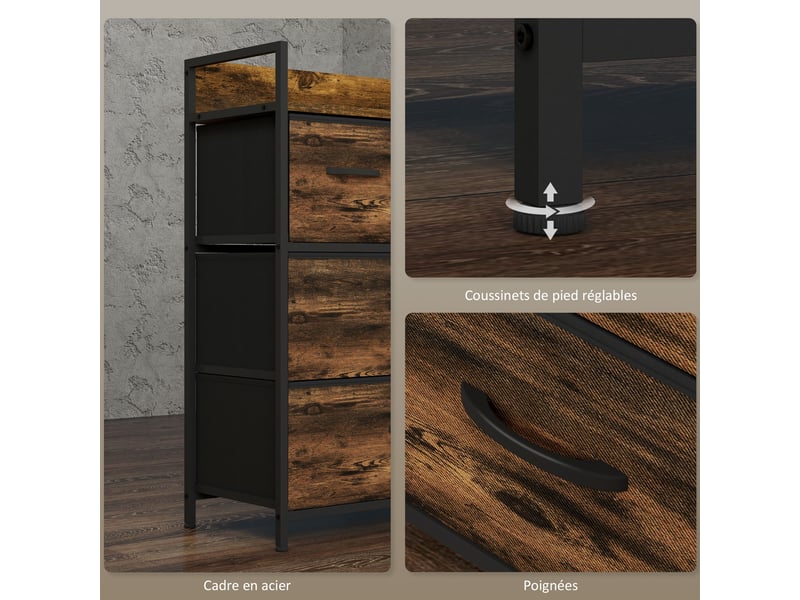  Meuble de rangement style industriel commode 4 tiroirs en tissu pliables et amovibles et 1 étagère - 60 x 29 x 85 cm  - Conforama W