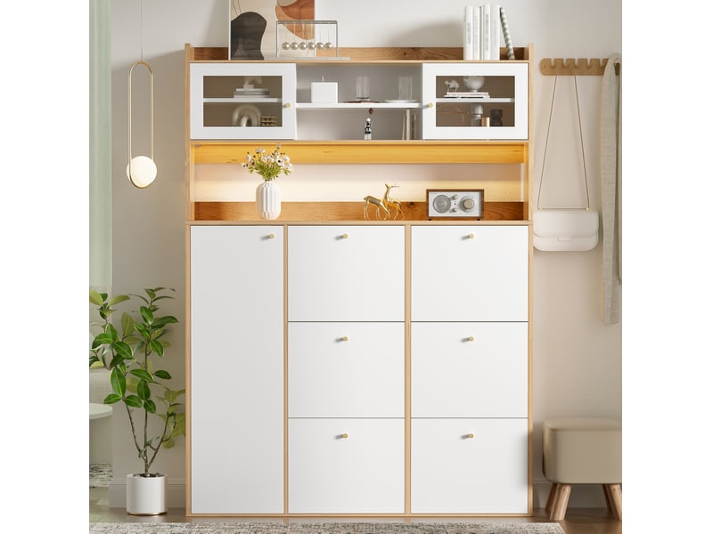 Meuble à chaussures étroit avec 6 compartiments basculants, verre et led, blanc et naturel - Conforama C