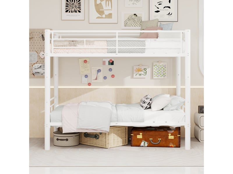  Lit superposé 2 x 90 x 190 cm en métal convertible en 2 lits simples, échelle et garde-corps, blanc, 196 x 103 x 156 cm Fay Lum - Conforama E