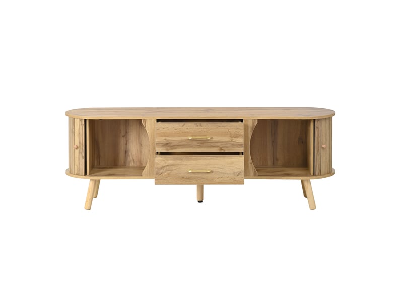  Ensemble salon 3 pièces avec table basse, meuble tv et buffet, forme galet, portes coulissantes, mdf, pieds bois, naturel evarich - Conforama A