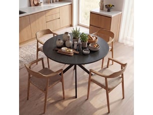 Table à manger ronde pour 4 personnes 100 cm, style industriel avec plateau aspect bois, piètement croisé en acier, noir