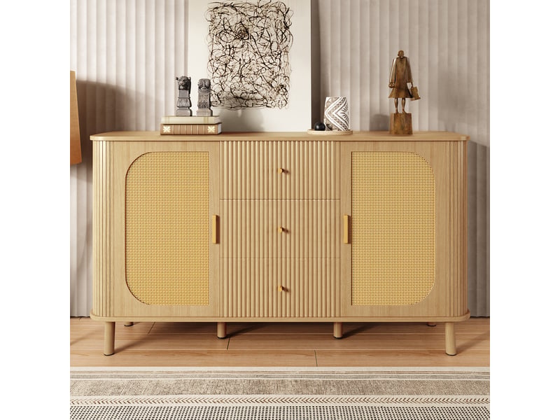 Buffet 2 portes avec tiroirs et passe-câbles pour salon en mdf 140×40×80 cm couleur naturelle - Conforama B