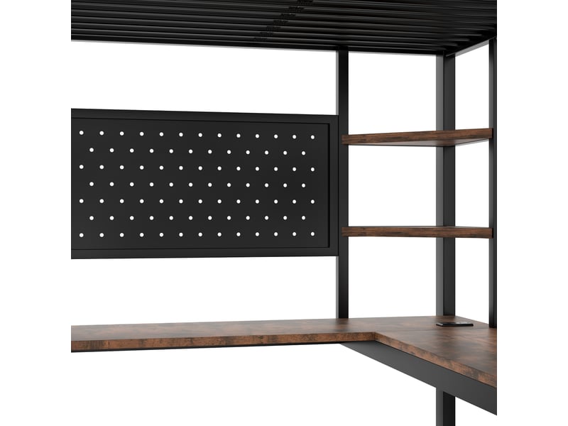  Lit mezzanine 90 x 200 cm avec bureau et étagères, en métal et mdf noir, avec panneau perforé et éclairage led  - Conforama W