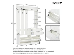 Meuble d’entrée blanc 110 × 34 × 185 cm en panneau de fibres, deux tiroirs de rangement, style moderne