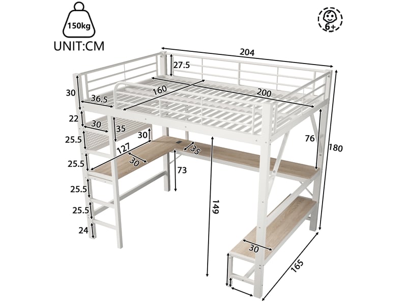  Lit mezzanine 160x200 cm avec bureau led usb type-c, panneaux perforés rangements, métal mdf blanc sans matelas  - Conforama C