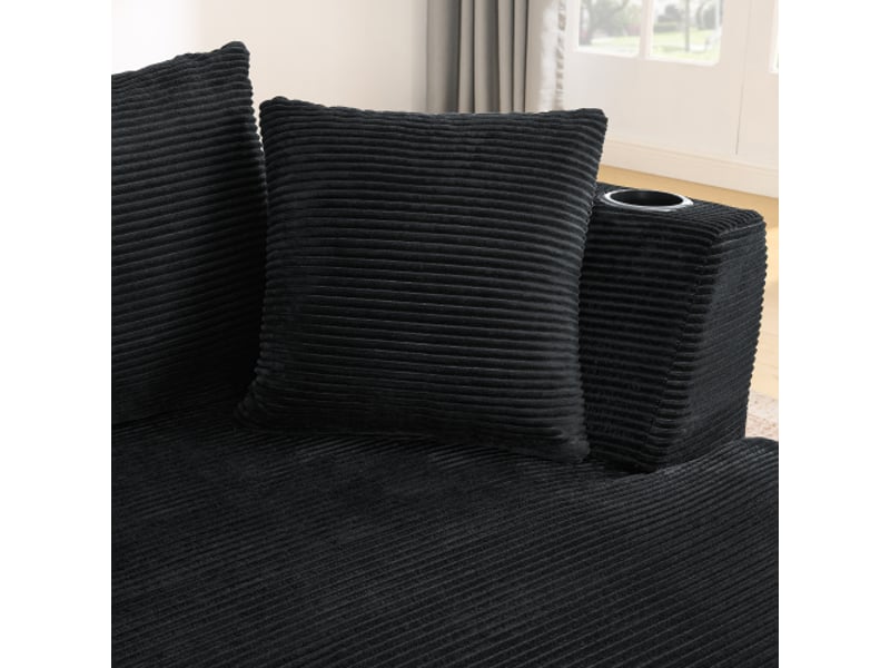 Canapé 3 places noir velours côtelé compact – chaise longue droite + 2 places arc, porte-gobelets intégrés - Conforama D