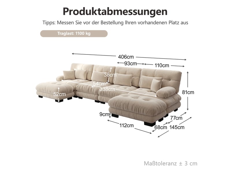  Canapé d'angle modulable 4 places en tissu marron clair avec ottomans mobiles, confort enveloppant au salon  - Conforama C