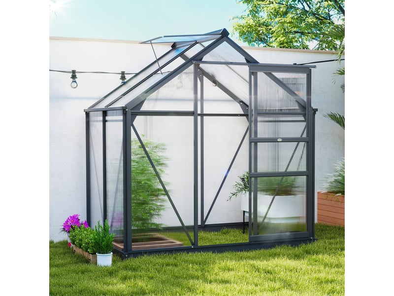  Serre de jardin polycarbonate 190 x 132 x 201 cm résistant aux uv 30+ fondation renforcé gouttière gris  - Conforama D