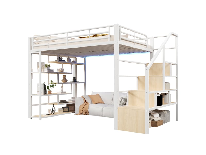  Lit mezzanine 140x200 cm – avec escalier rangement led et étagères – métal et mdf – blanc CozyNest - Conforama A